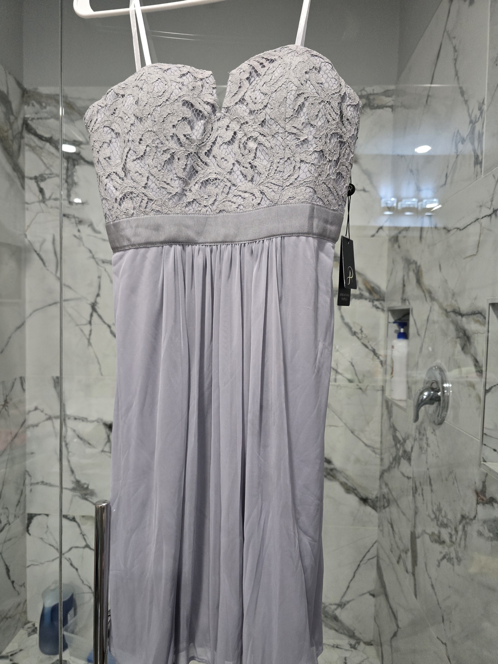Adrianna Papell Strapless Lace Bodice Chiffon Dress in Light Gray